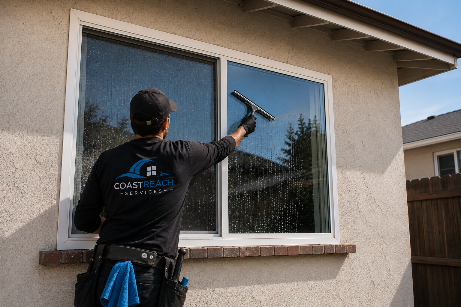 Coast Reach Services technician cleaning a large residential window