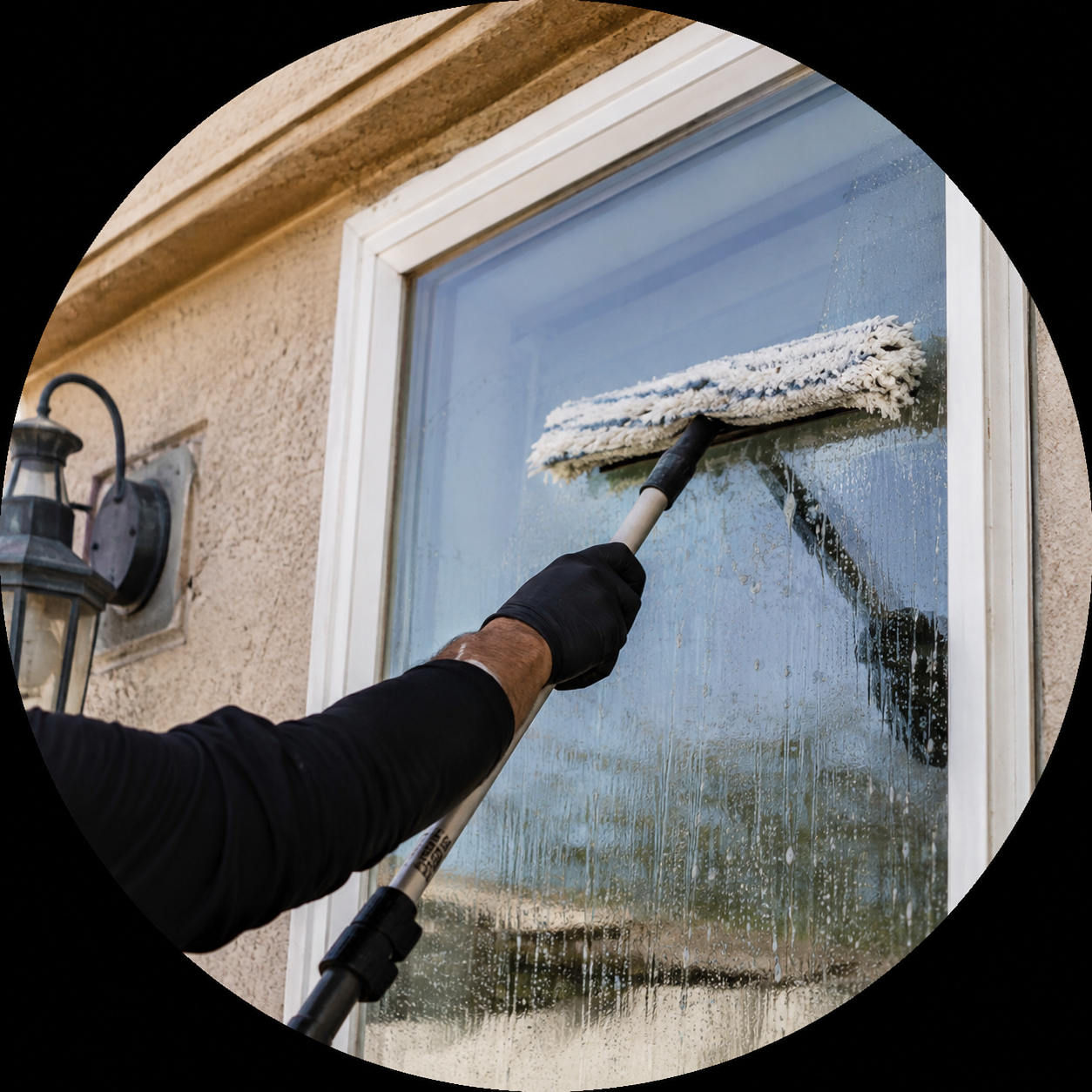 Washing a soapy exterior window with an extension pole